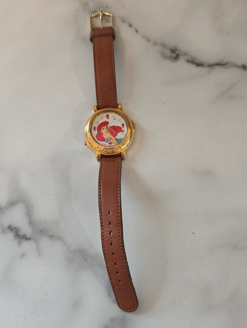 Vintage Little Mermaid Brown Leather Strap Gold-Tone Character Watch